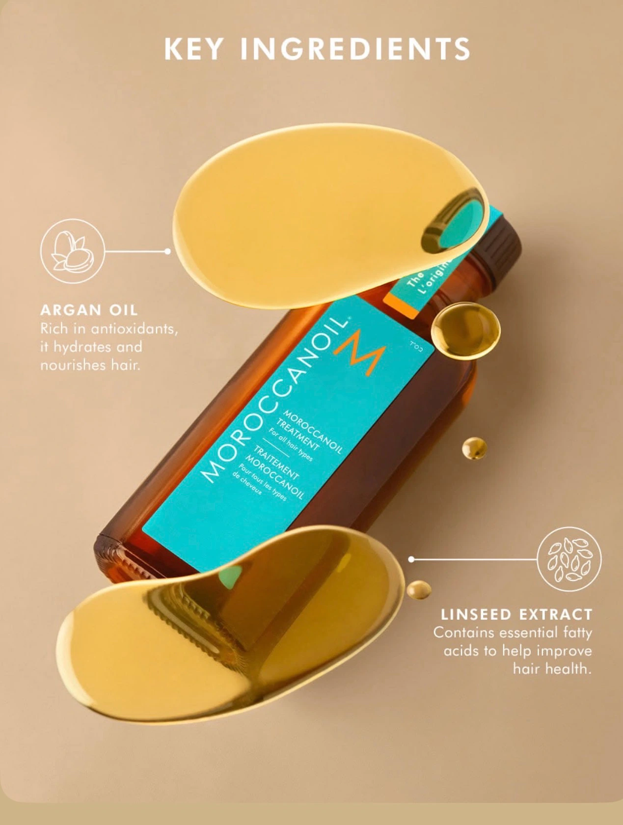 Moroccanoil key ingredients with argan oil and linseed extract, recommended by Jenn Rose.