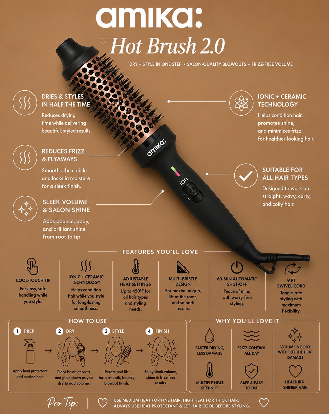 Amika Hot Brush 2.0 styling tool guide for volume, frizz control, and salon-quality blowouts.