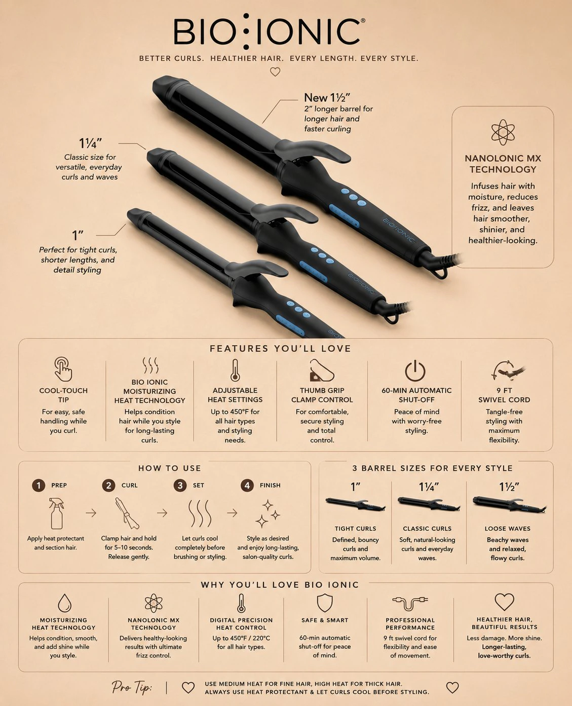 Bio Ionic curling iron barrel guide for tight curls, classic curls, and loose waves.
