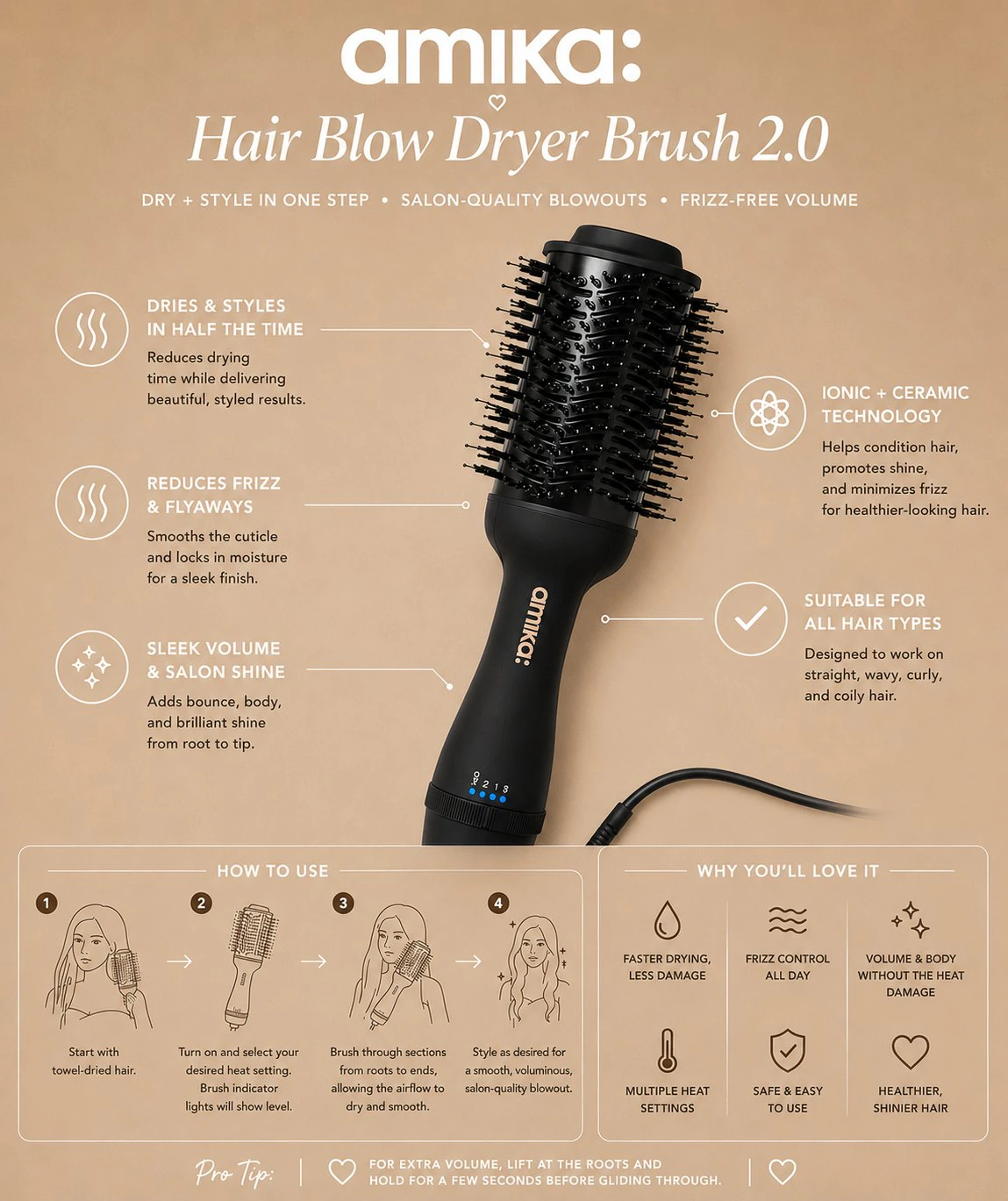 Amika Hair Blow Dryer Brush 2.0 guide for blowouts, volume, frizz control, and safe styling.